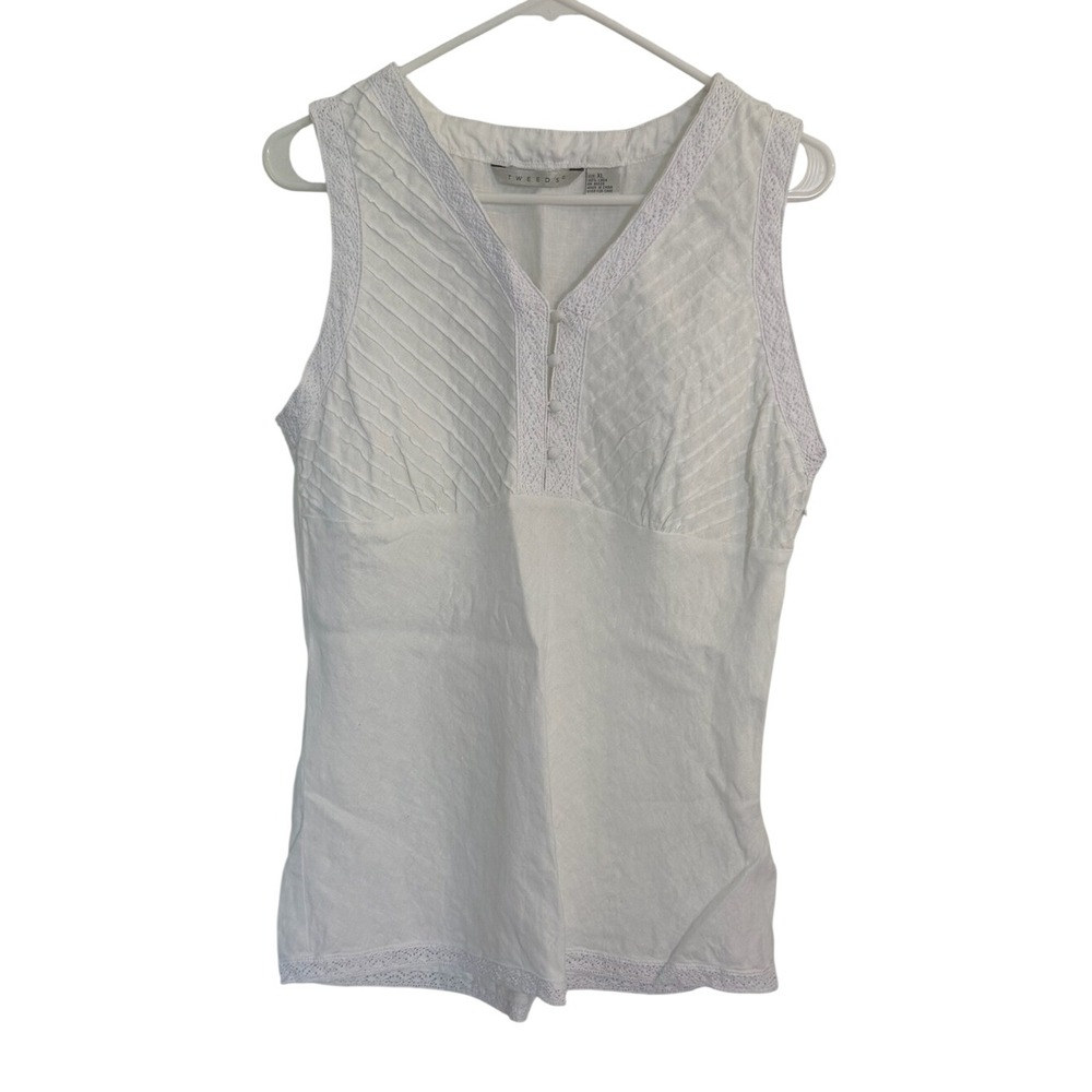Vintage Y2K Tweeds White Linen Lace Sleeveless Blouse Women's XL